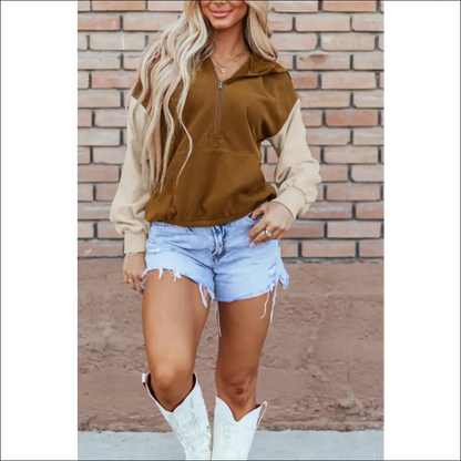 Chic Contrast Half Zip Long Sleeve Hoodie - Hoodies Sweatshirts & on Sale Worldwide Shipping