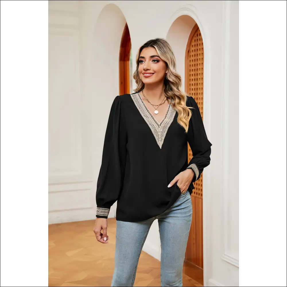 Chic Contrast Puff Sleeve Blouse - Black / s - Blouses on Sale Worldwide Shipping