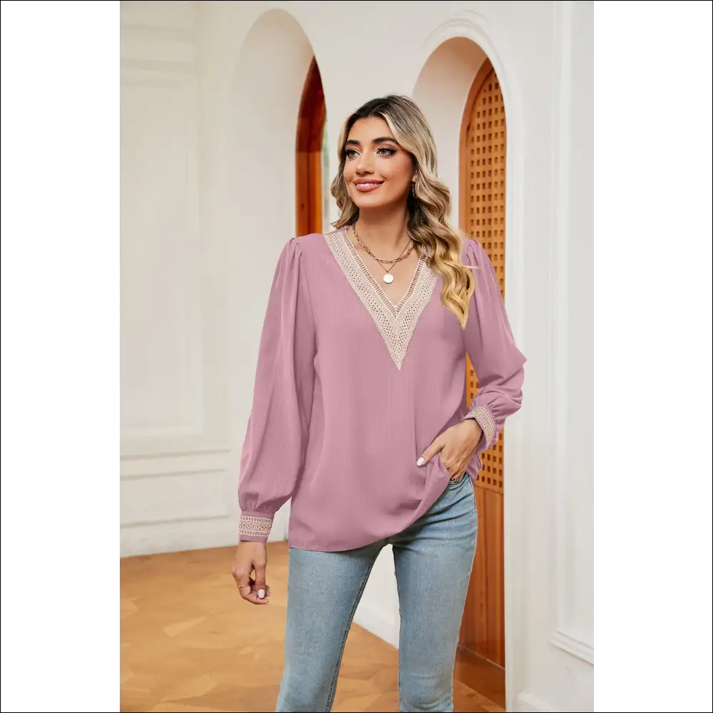 Chic Contrast Puff Sleeve Blouse - Blush Pink / l - Blouses on Sale Worldwide Shipping