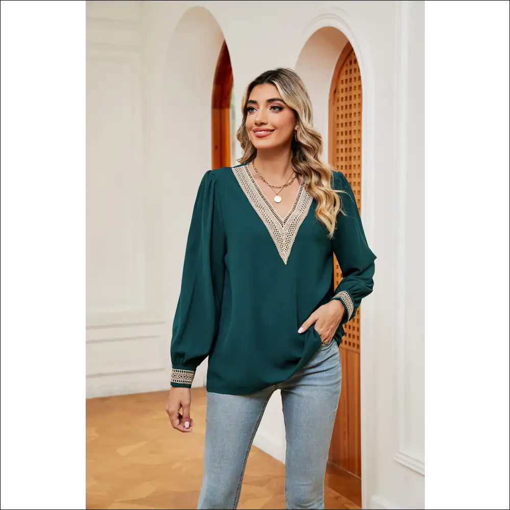 Chic Contrast Puff Sleeve Blouse - Green / s - Blouses on Sale Worldwide Shipping