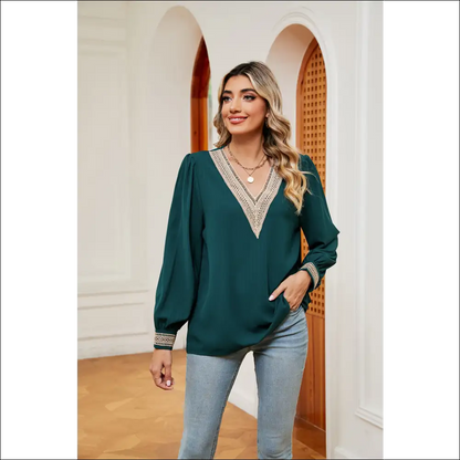 Chic Contrast Puff Sleeve Blouse - Green / s - Blouses on Sale Worldwide Shipping