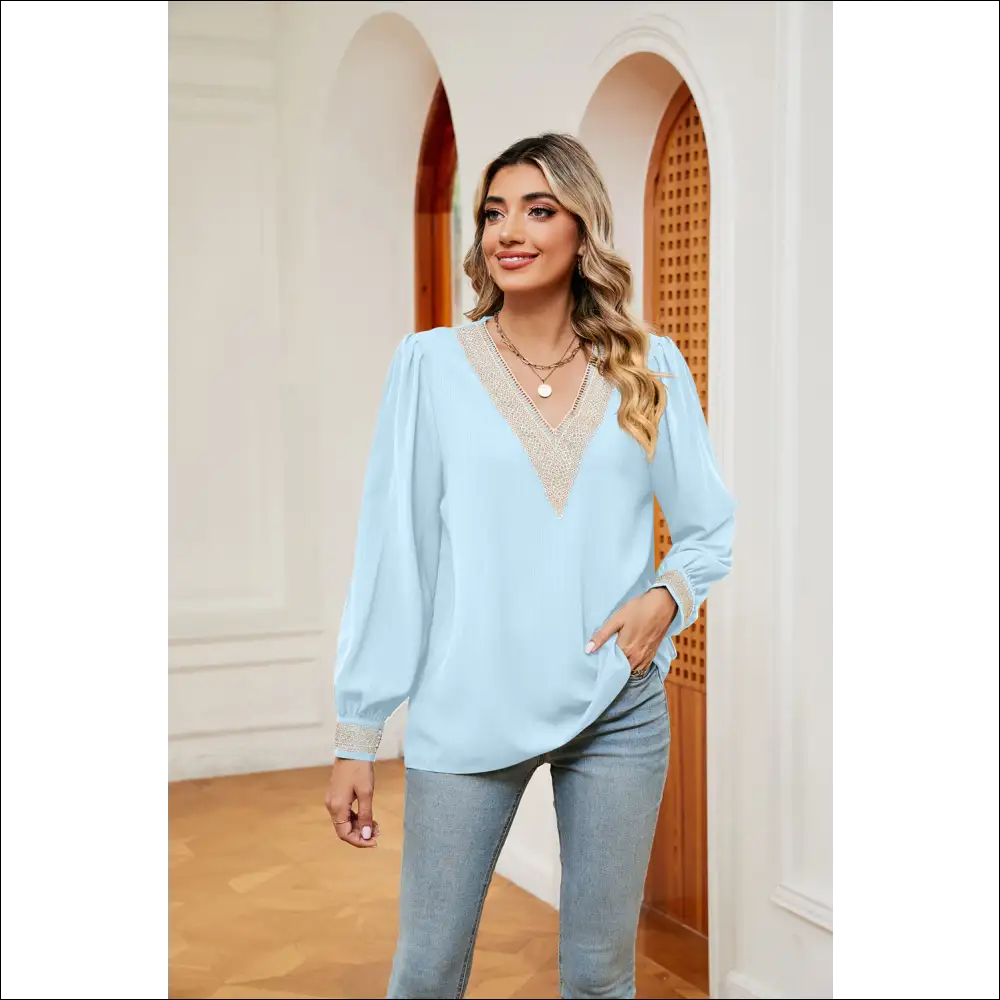 Chic Contrast Puff Sleeve Blouse - Light / 2xl - Blouses on Sale Worldwide Shipping