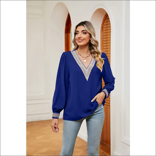 Chic Contrast Puff Sleeve Blouse - Royal Blue / s - Blouses on Sale Worldwide Shipping