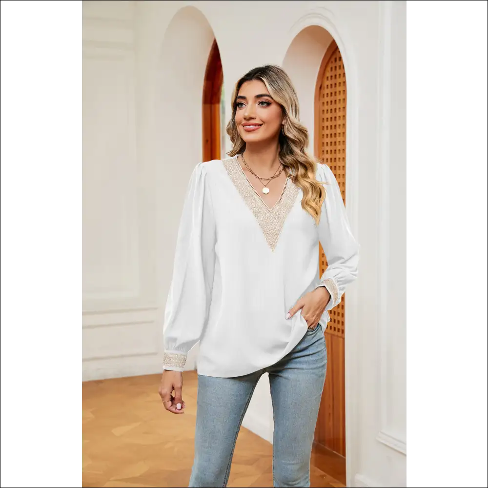 Chic Contrast Puff Sleeve Blouse - White / s - Blouses on Sale Worldwide Shipping
