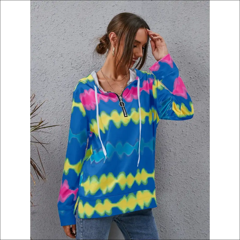 Chic Contrast Quarter Zip Dropped Shoulder Hoodie - Blue / m - Sweatshirts & Hoodies on Sale Worldwide Shipping