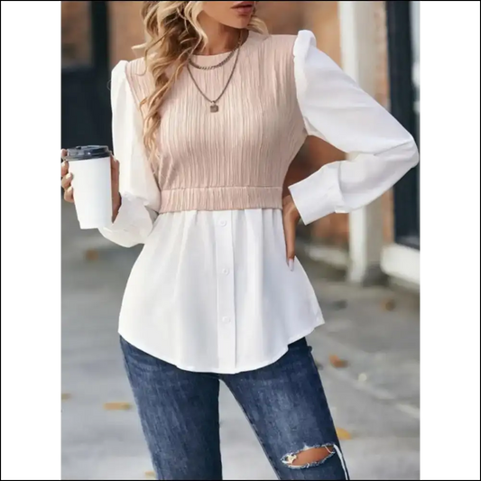 Chic Contrast Round Neck Puff Sleeve Blouse - Blush Pink / s - Blouses on Sale Worldwide Shipping