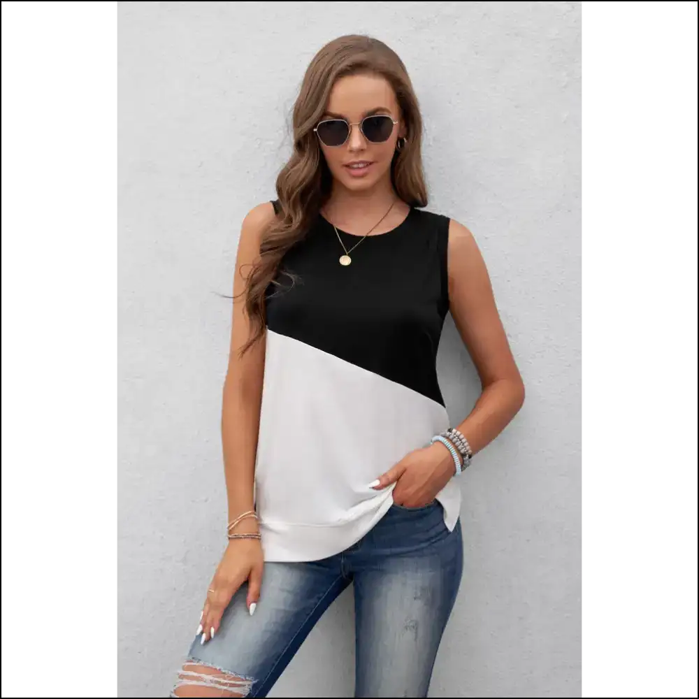 Chic Contrast Round Neck Tank Top - Black / s - Tops on Sale Worldwide Shipping