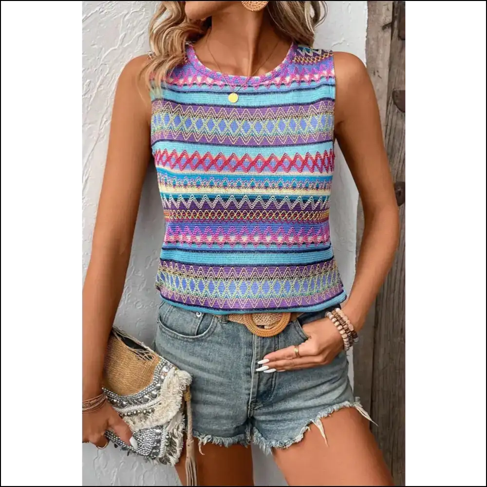 Chic Contrast Round Neck Tank Top - Blue Sapphire / s - Tops on Sale Worldwide Shipping