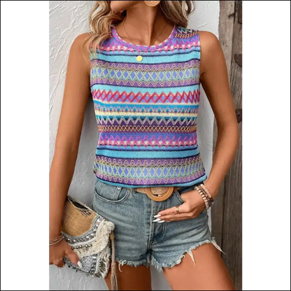Chic Contrast Round Neck Tank Top - Blue Sapphire / s - Tops on Sale Worldwide Shipping