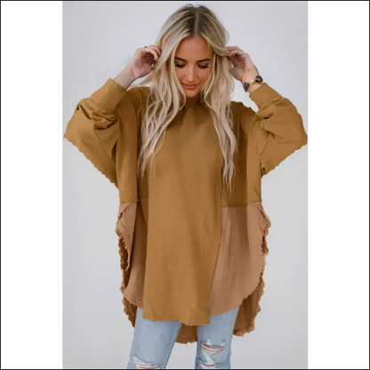 Chic Contrast Texture Long Sleeve Blouse - Bronze / m - Blouses on Sale Worldwide Shipping