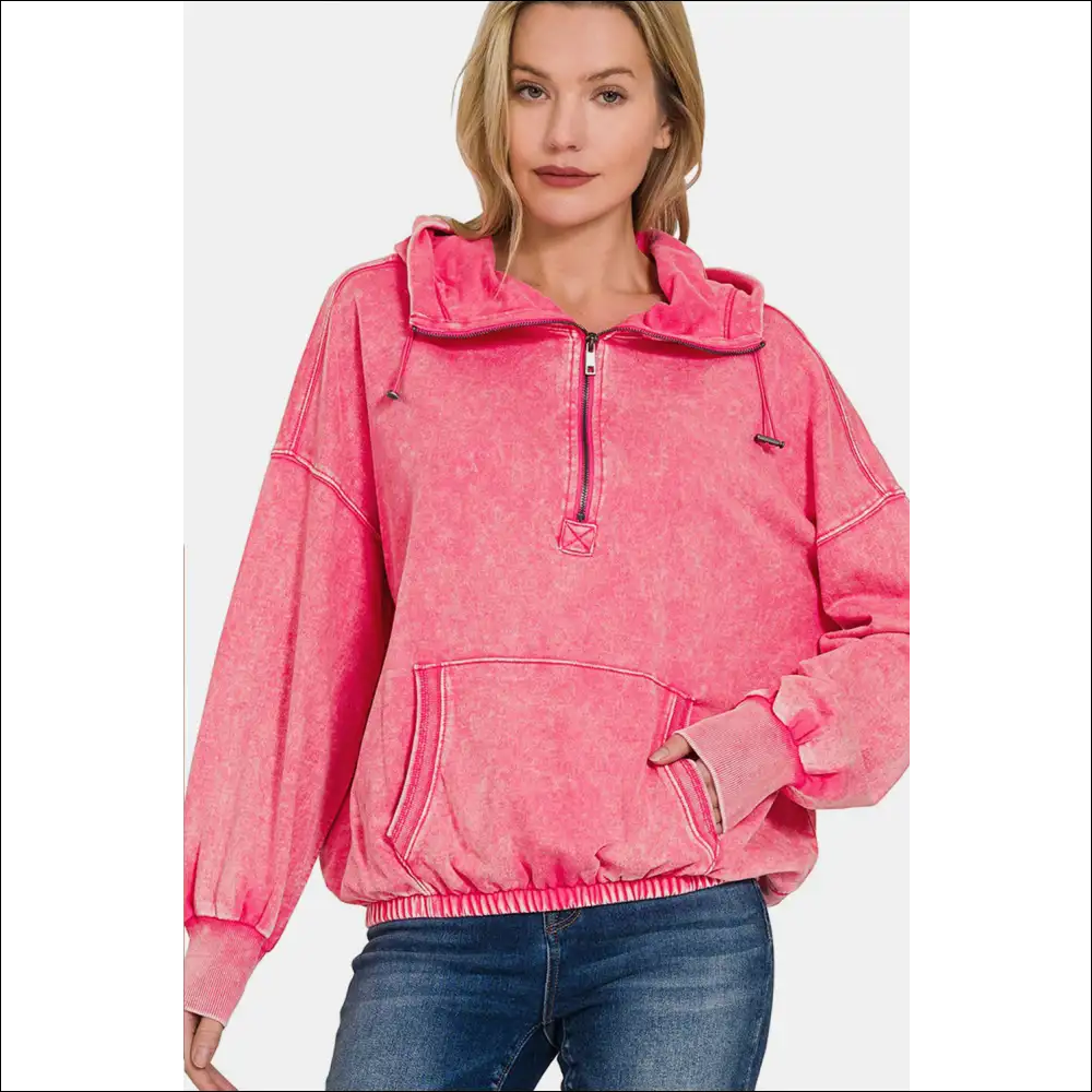 Chic & Cozy Half Zip Dropped Shoulder Hoodie - Fuchsia / s - Hoodies Sweatshirts on Sale Worldwide Shipping