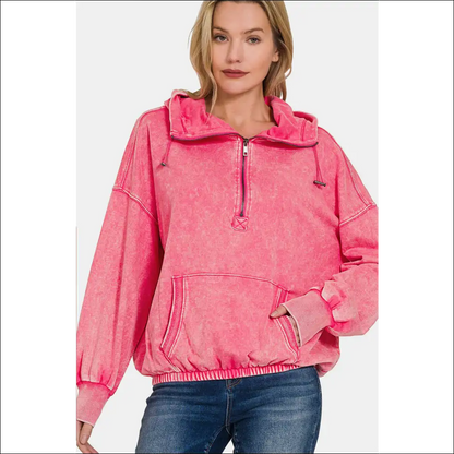Chic & Cozy Half Zip Dropped Shoulder Hoodie - Fuchsia / s - Hoodies Sweatshirts on Sale Worldwide Shipping