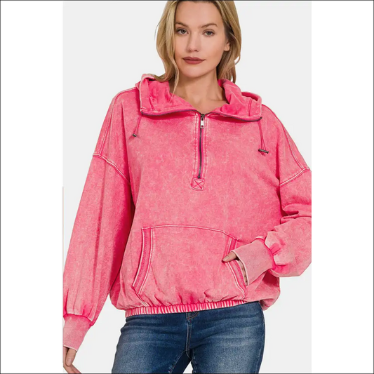 Chic & Cozy Half Zip Dropped Shoulder Hoodie - Fuchsia / s - Hoodies Sweatshirts on Sale Worldwide Shipping