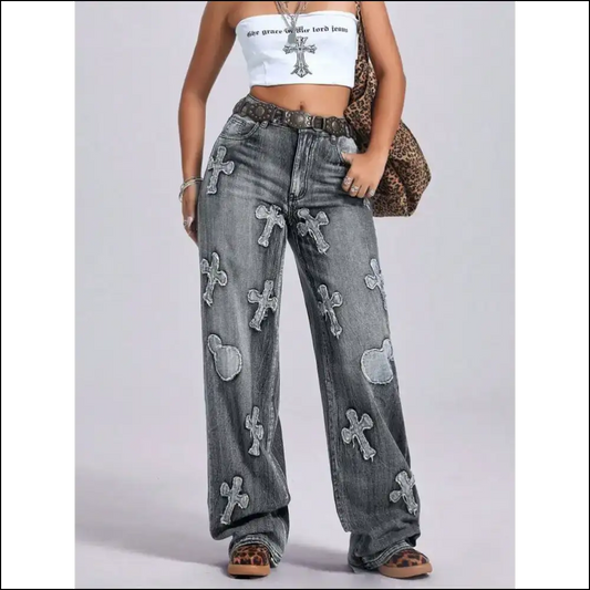 Chic Cross Wide Leg Jeans: where Comfort Meets your New Best Friend 😂👖 - Dark Gray / Xs - Jeans on Sale Worldwide Shipping