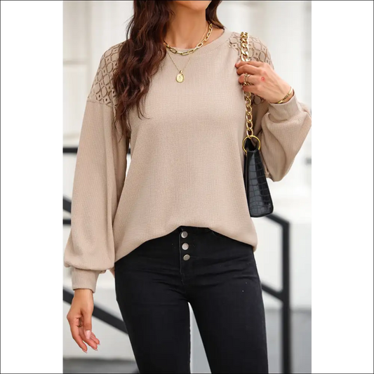 Chic Cutout Lantern Sleeve Top - Khaki / m - Sweatshirts & Hoodies on Sale Worldwide Shipping