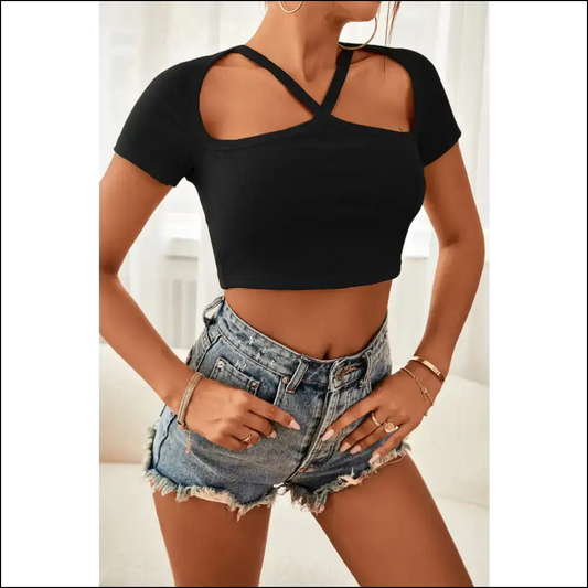 Chic Cutout Short Sleeve Cropped Top - Black / l - Tank Tops on Sale Worldwide Shipping
