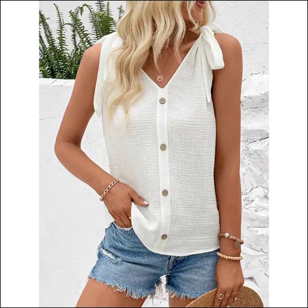 Chic Decorative Button Tied V-neck Tank - Tops on Sale Worldwide Shipping