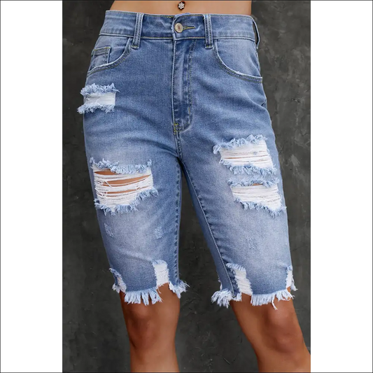 Chic Distressed Frayed Hem Denim Bermuda Shorts - Light / s - on Sale Worldwide Shipping