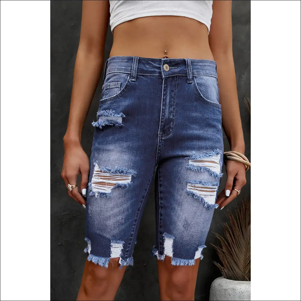 Chic Distressed Frayed Hem Denim Bermuda Shorts - Medium / s - on Sale Worldwide Shipping