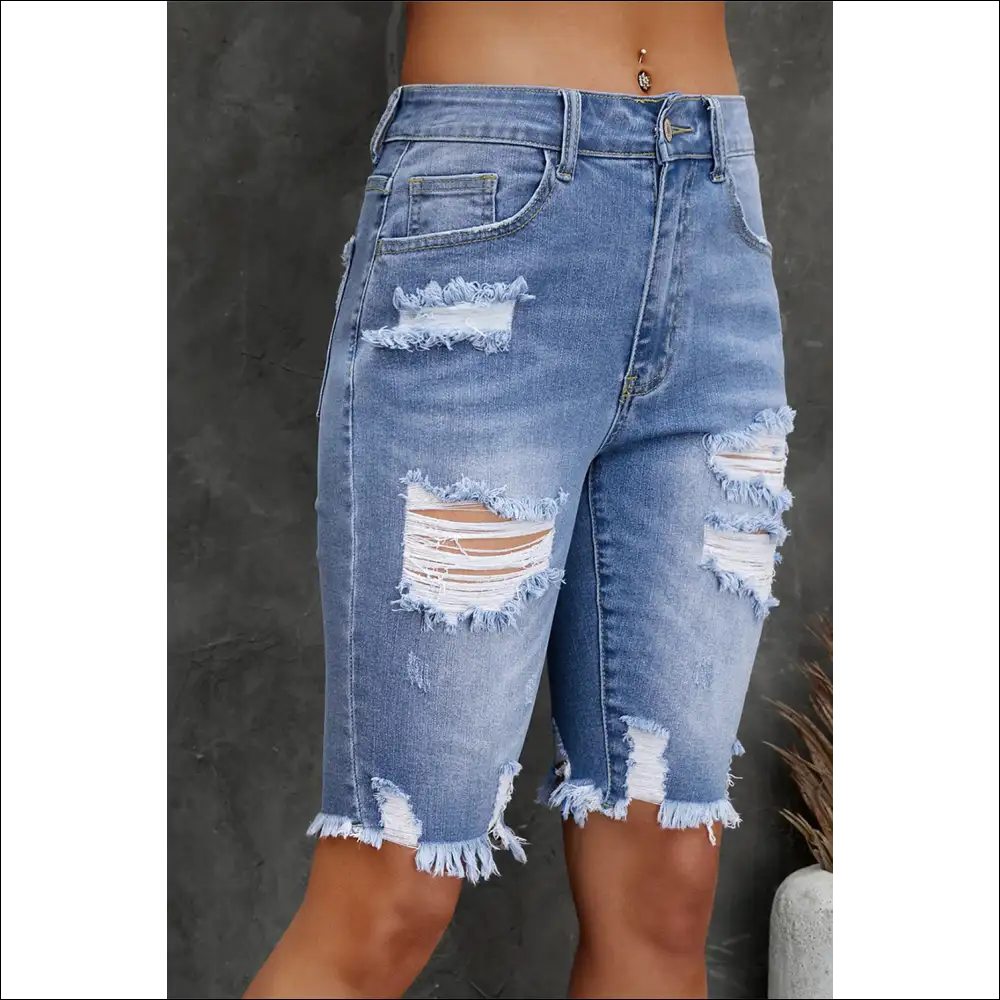 Chic Distressed Frayed Hem Denim Bermuda Shorts - on Sale Worldwide Shipping