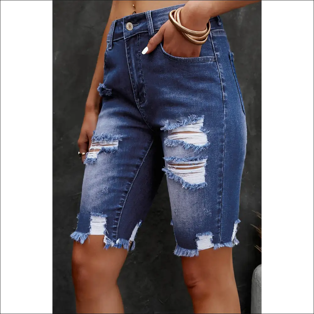Chic Distressed Frayed Hem Denim Bermuda Shorts - on Sale Worldwide Shipping
