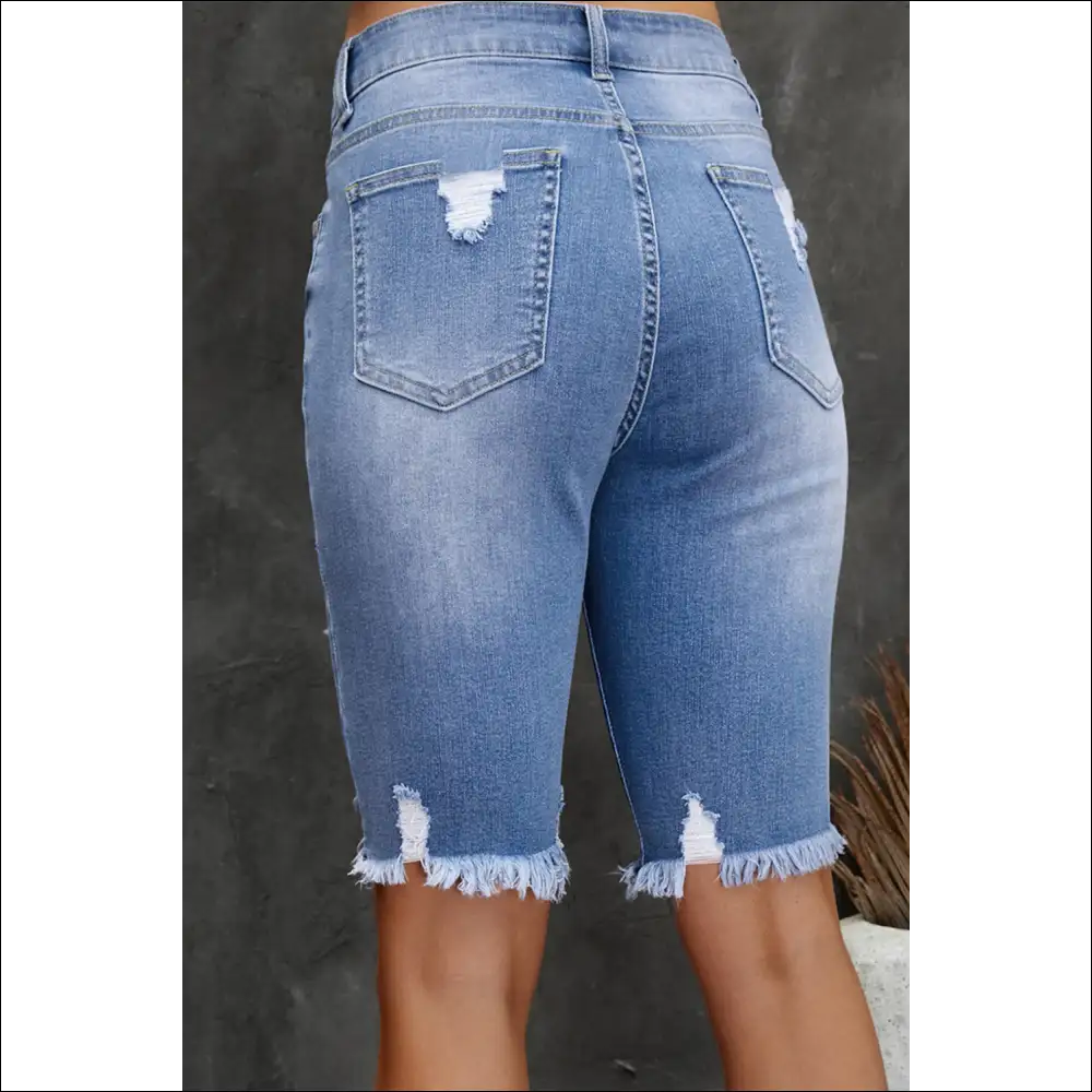 Chic Distressed Frayed Hem Denim Bermuda Shorts - on Sale Worldwide Shipping