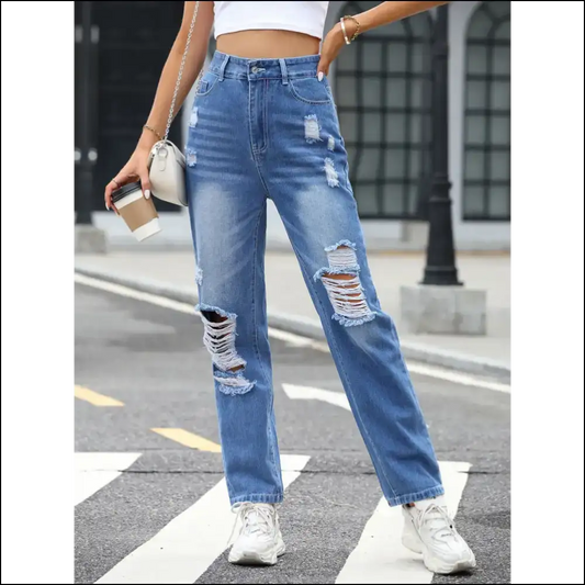 Chic Distressed Straight Jeans: Confidence in Every Tear 😂👖 - Medium / Xs - Jeans on Sale Worldwide Shipping