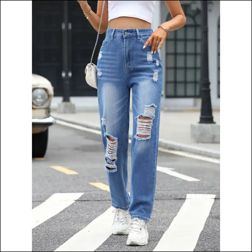 Chic Distressed Straight Jeans: Confidence in Every Tear 😂👖 - Jeans on Sale Worldwide Shipping