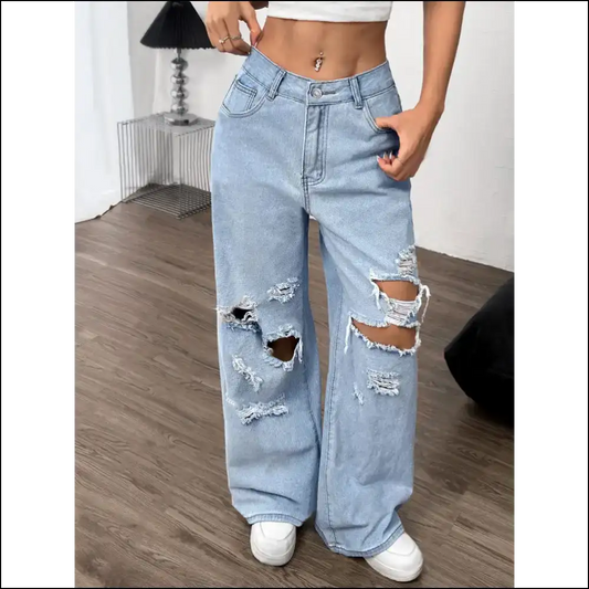 Chic Distressed Wide Leg Jeans: your New Best Friend for Awkward Moments 😜 - Light Blue / Xs - Jeans on Sale Worldwide Shipping