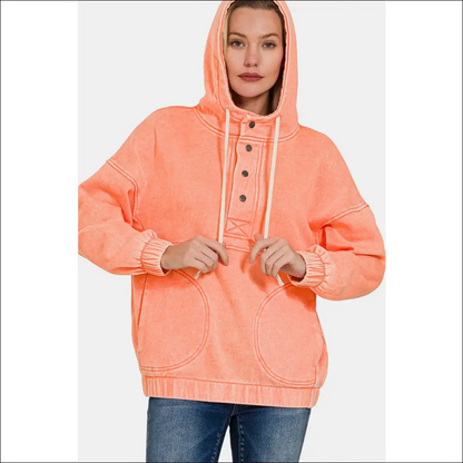 Chic Drawstring Half Snap Dropped Shoulder Hoodie - Coral / l - Hoodies Sweatshirts & on Sale Worldwide Shipping
