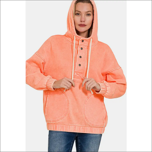 Chic Drawstring Half Snap Dropped Shoulder Hoodie - Coral / l - Hoodies Sweatshirts & on Sale Worldwide Shipping
