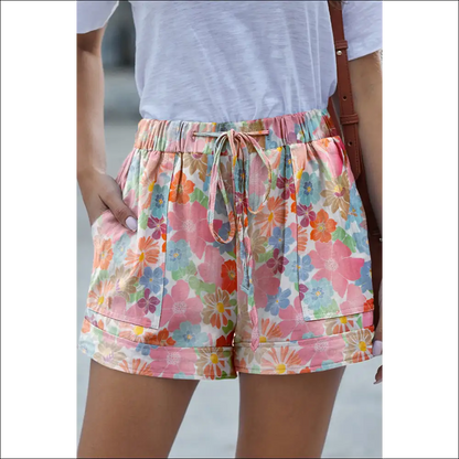 Chic Drawstring Printed Shorts with Pockets - Floral / l - on Sale Worldwide Shipping