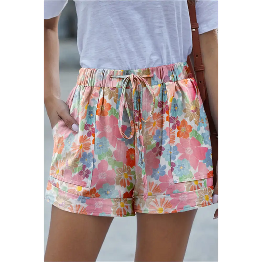 Chic Drawstring Printed Shorts with Pockets - Floral / l - on Sale Worldwide Shipping