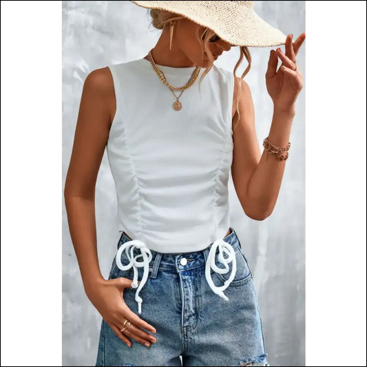 Chic Drawstring Round Neck Tank Top - White / Xl - Tops on Sale Worldwide Shipping