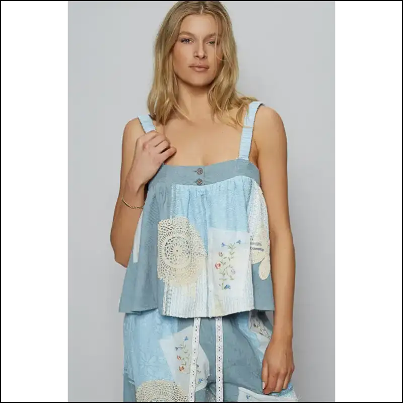 Chic Embroidered Lace Square Neck Cami - Blue / s - Tank Tops on Sale Worldwide Shipping