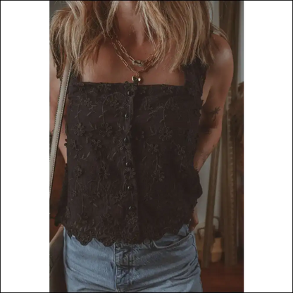 Chic Embroidered Square Neck Tank: your New Outfit’s Best Friend Af! 😄 - Black / s - Tank Tops on Sale Worldwide Shipping