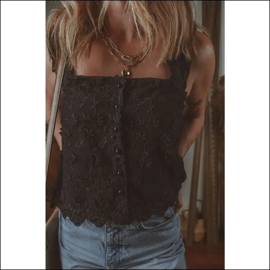 Chic Embroidered Square Neck Tank: your New Outfit’s Best Friend Af! 😄 - Black / s - Tank Tops on Sale Worldwide Shipping