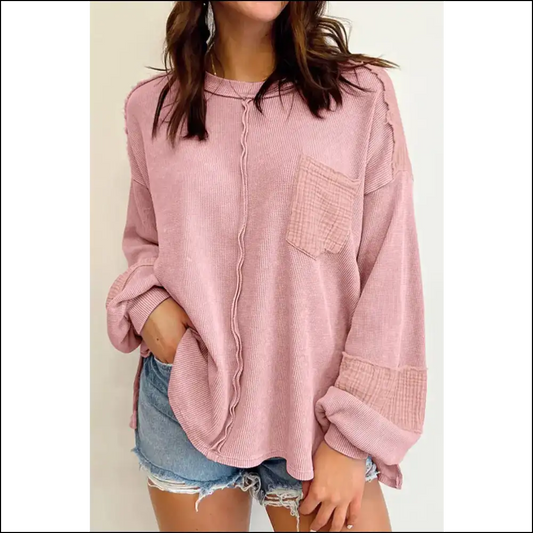 Chic Exposed Seam Round Neck Long Sleeve Sweatshirt - Dusty Pink / s - Sweatshirts & Hoodies on Sale Worldwide Shipping
