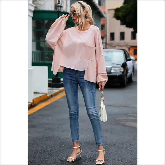 Chic Exposed Seam Round Neck Top with Pocket - Blush Pink / m - Sweatshirts & Hoodies on Sale Worldwide Shipping
