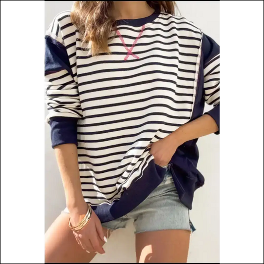 Chic Exposed Seam Striped Long Sleeve Sweatshirt - Dark Navy / s - Sweatshirts & Hoodies on Sale Worldwide Shipping