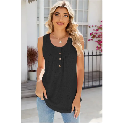 Chic Eyelet Buttoned Round Neck Tank - Black / m - Tops on Sale Worldwide Shipping