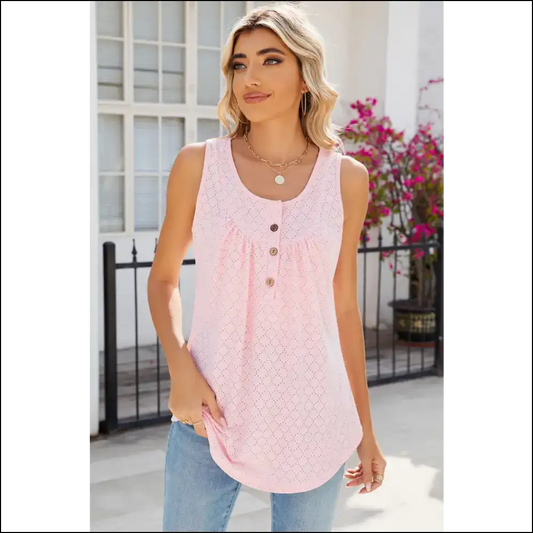 Chic Eyelet Buttoned Round Neck Tank - Blush Pink / s - Tops on Sale Worldwide Shipping