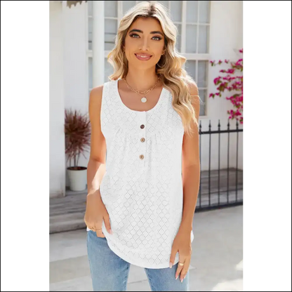 Chic Eyelet Buttoned Round Neck Tank - White / s - Tops on Sale Worldwide Shipping