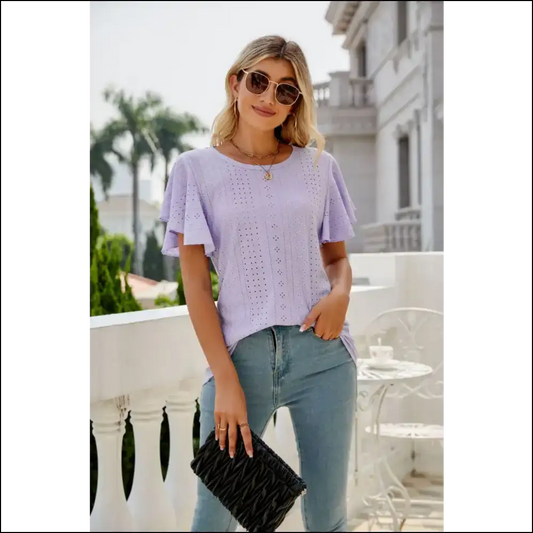 Chic Eyelet Flutter Sleeve Top - Lavender / 2xl - Blouses on Sale Worldwide Shipping