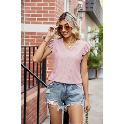 Chic Eyelet Flutter Sleeve V-neck Top - Blush Pink / 2xl - Blouses on Sale Worldwide Shipping