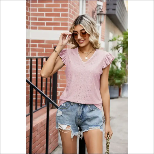 Chic Eyelet Flutter Sleeve V-neck Top - Blush Pink / 2xl - Blouses on Sale Worldwide Shipping