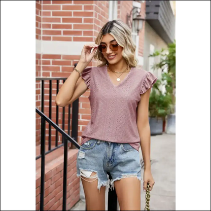 Chic Eyelet Flutter Sleeve V-neck Top - Mauve / l - Blouses on Sale Worldwide Shipping