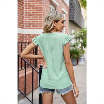 Chic Eyelet Flutter Sleeve V-neck Top - Blouses on Sale Worldwide Shipping