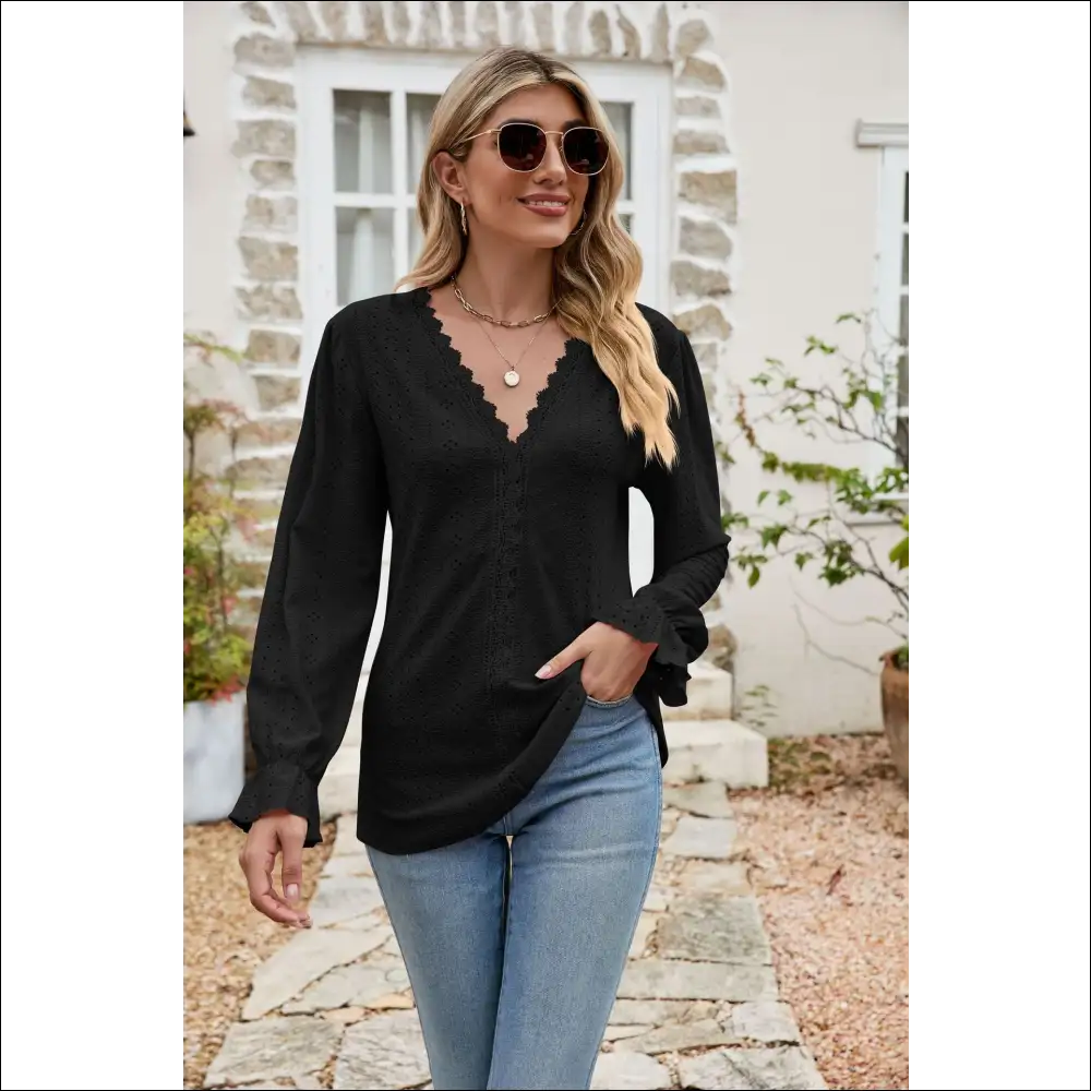 Chic Eyelet Lace Flounce Sleeve Blouse - Black / Xl - Blouses on Sale Worldwide Shipping