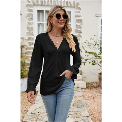 Chic Eyelet Lace Flounce Sleeve Blouse - Black / Xl - Blouses on Sale Worldwide Shipping